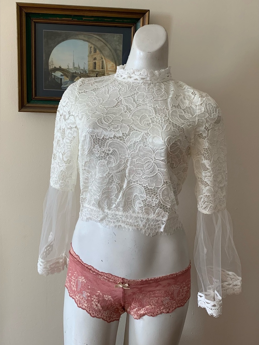 White Lace Blouse with Sheer Bell Sleeves